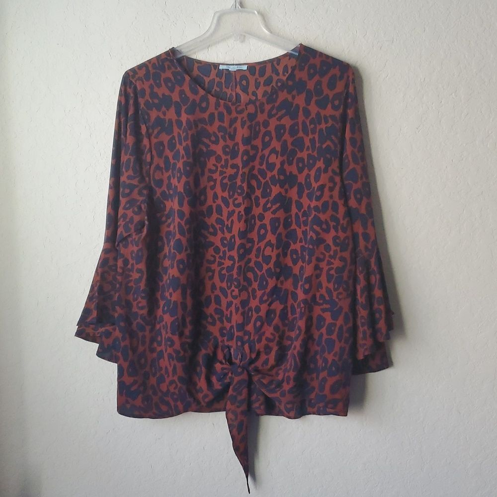 She + Sky Rust & Navy Blue Cheetah Print Blouse Plus Size 2XL Front Tie Top - Picture 1 of 9
